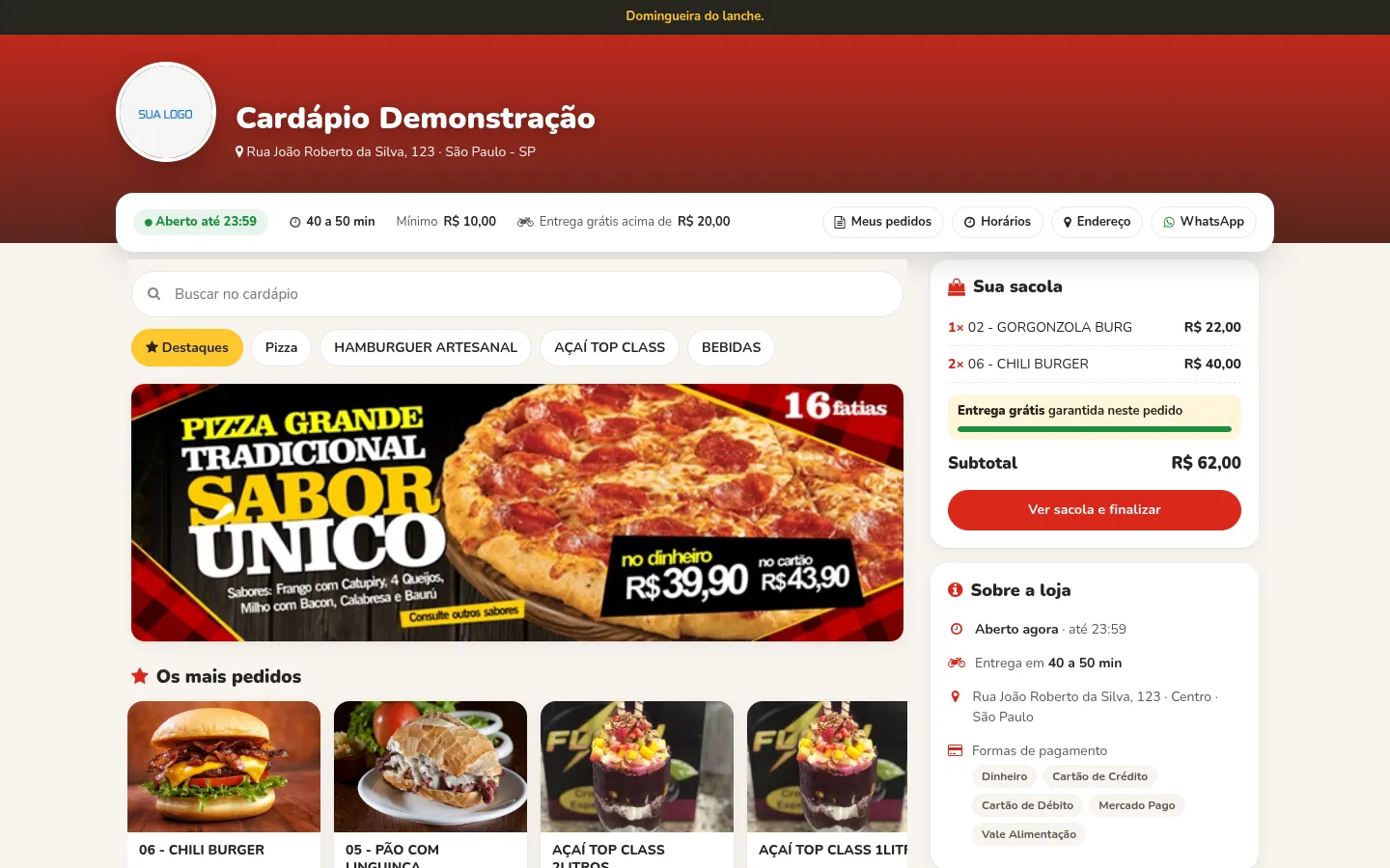 Cardápio digital de uma loja no Zlivery